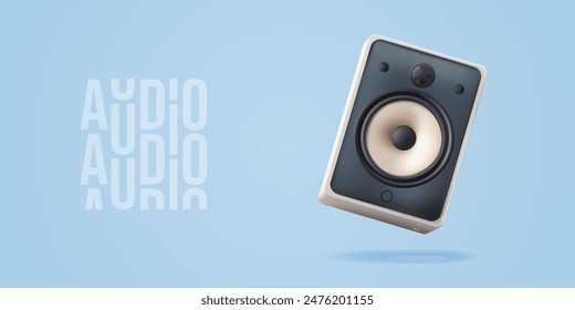 Sound speaker 3d vector. Stereo audio system loudspeaker. Smart boombox woofer and realistic radio receiver for dance music, electronic podcast or audio book listen and voice assistant device stand.