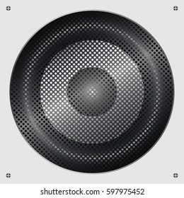 Sound speaker. Audio dynamic. Musical speaker on a white background with bolts and metal mesh. Vector Illustration. 