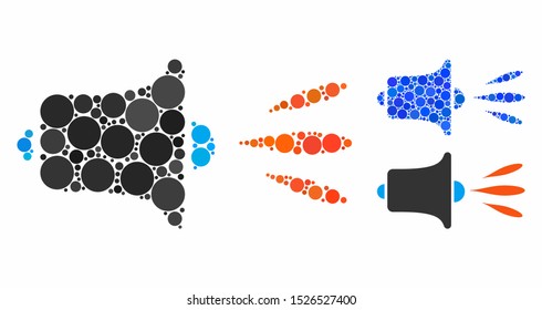 Sound speaker composition for sound speaker icon of small circles in variable sizes and shades. Vector filled circles are organized into blue collage.