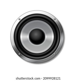 Sound speaker icon, stereo audio music system logo. Sound system subwoofer or driver realistic isolated on white background. 3d vector illustration