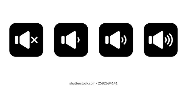 Sound speaker level icon on black square. Audio volume sign symbol