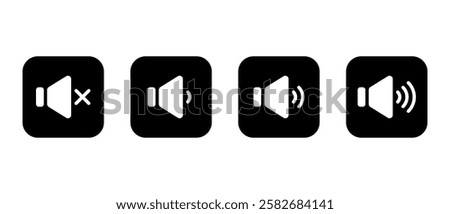 Sound speaker level icon on black square. Audio volume sign symbol