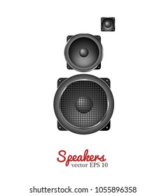Sound speaker. Music loudspeaker, acoustic stereo musical equipment icon. Realistic studio, party sound technology, rock and electric music symbol. 3d vector isolated illustration