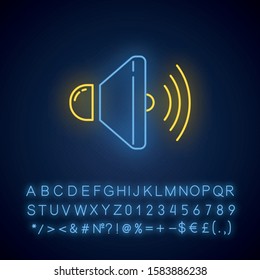 Sound speaker neon light icon. Volume control idea. Loudspeaker, megaphone. Modern stereo equipment. Sound signal tool. Glowing sign with alphabet, numbers and symbols. Vector isolated illustration