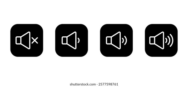 Sound speaker outline icon on black square. Audio volume level sign symbol