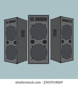 Altavoces de sonido, iconos de subwoofer, sistemas de audio acústico para conciertos o equipos de fiesta, sistema estéreo de cine en casa. Ilustración vectorial