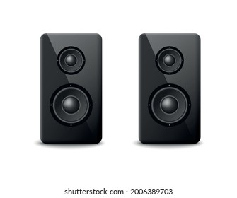 Sound speakers two black columns, realistic vector illustration isolated on white background. Acoustic stereo boosters equipment for concert or home cinema.