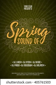 Sound of Spring Typographical Poster or Flyer Background Template. Vector Music Party Illustration