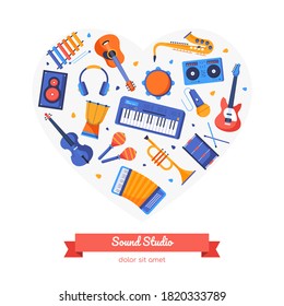 Sound studio - colorful flat design style banner with copy space for your information. Images of musical instruments, guitars, saxophone, drums, maracas, violin, darbuka, trumpet in a heart shape