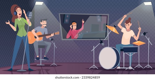 Sound studio. Interior workplace for sound designers and singers record studio exact vector cartoon background