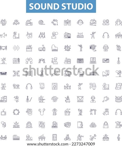 Sound studio line icons, signs set. Recording, Mixing, Music, Soundstage, Microphone, Producer, Audio, Broadcast, Mastering outline vector illustrations.