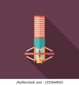 Sound studio microphone flat square icon with long shadows.