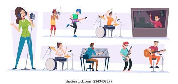 Sound studio. Music production room with singers exact vector illustration in cartoon style