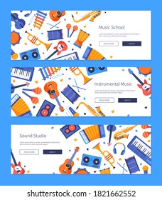 Sound studio - set of colorful flat design style banners with copy space for your text. Images of musical instruments, guitars, saxophone, drums, maracas, violin, darbuka, trumpet. Music school idea