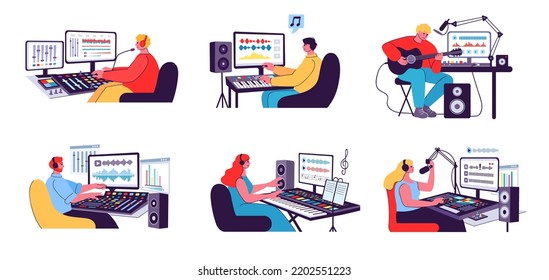 Sound studio workers. Audio engineer, musician record songs and composer write music. Podcast, instruments and vocal recording vector illustration set of studio audio sound