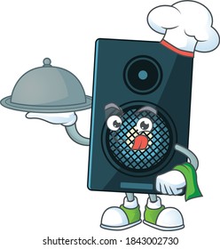 A sound system chef cartoon mascot design with hat and tray. Vector illustration