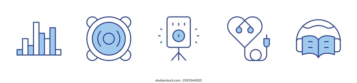 sound system, earphone, audio waves, audio book, speaker. Audio Icon vector illustration. Line Duotone style. Editable stroke.