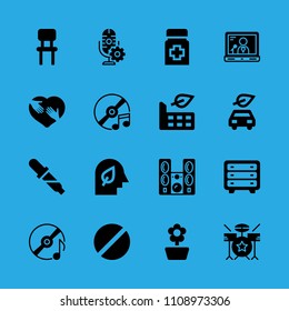 sound system, electric car, compact disc, mind, drum set, flower, microphone, shaking hands inside a heart and pipette vector icon. Simple icons set