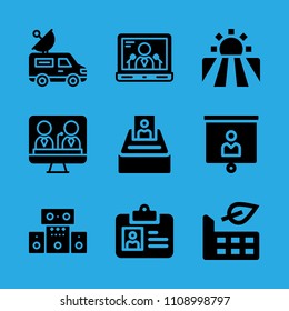 sound system, factory, van, presentation, laptop, id card, television, selection and field vector icon. Simple icons set