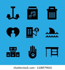 sound system, garbage, shark, person inside a heart, office block, chandelier, desktop, music album and animal solidarity vector icon. Simple icons set