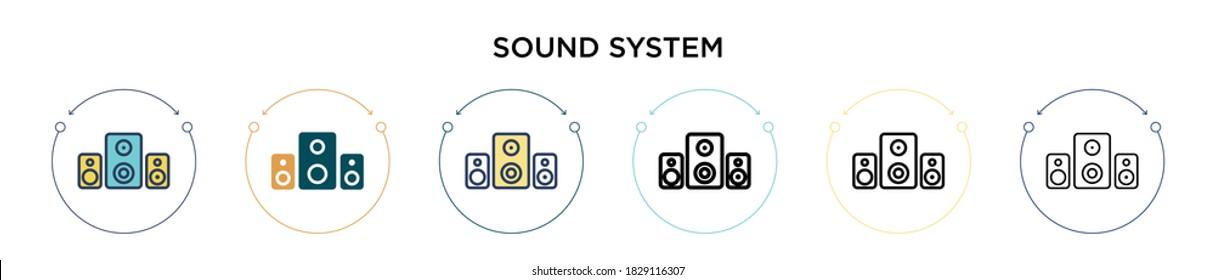 Icono de sistema de sonido en estilo relleno, delgado, contorno y trazo. Ilustración vectorial de dos sistemas de sonido coloreados y negros, los diseños vectoriales pueden utilizarse para móviles, ui, web
