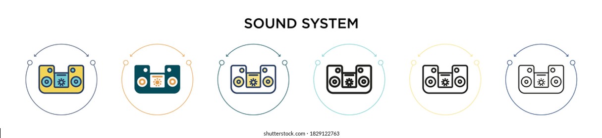 Sound system icon in filled, thin line, outline and stroke style. Vector illustration of two colored and black sound system vector icons designs can be used for mobile, ui, web