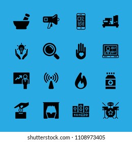 sound system, mortar, make a donation, non ionizing radiation, heart on the palm, loupe, fire, responsible energy use and smartphone vector icon. Simple icons set