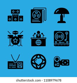 sound system, newspaper, turntable, id card, world peace, news reporter, drum set, lamp and camcorder vector icon. Simple icons set