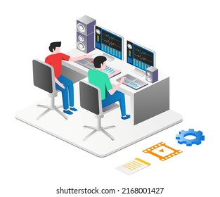 Sound system operator team and video isometric illustration concept