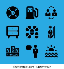 sound system, pills, cupboard, speech, violin, gas station, sunrise, businessmen and death vector icon. Simple icons set