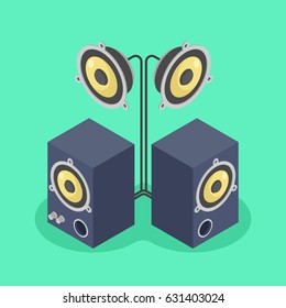 Sound system with two music column and loudspeaker isometric flat vector illustration svg