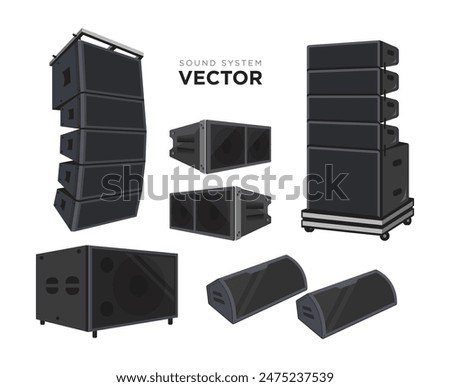 Sound system vector set. PA audio system, line array speakers illustration