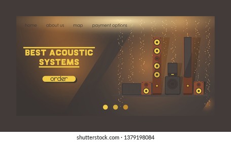 Sound system vector web landing page audio acoustic equipment stereo technology for playback dj music sound-record with headphones backdrop illustration electronic bass studio background web-page.