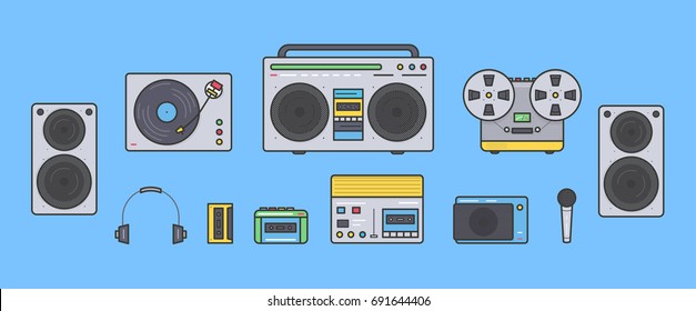 Sound Systems Retro Collection. Portable Player, Headphones, Cassette Player, Stereo System, Speakers, Record Player, Tape Recorder, Mic, Radio, Vinyl Player. Colorful Vector Line Art Illustration Set