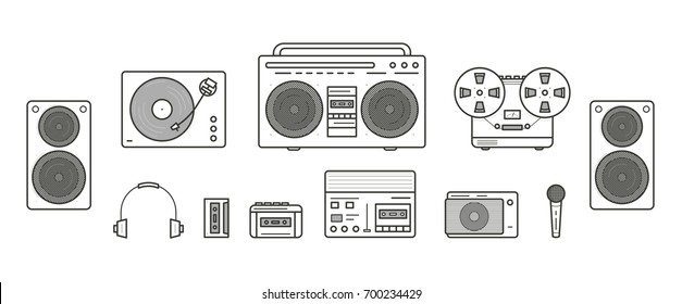 Sound systems retro collection. Portable player, headphones, cassette player, stereo system, speakers, record player, tape recorder, mic, radio, vinyl player. Contour vector line art illustration set