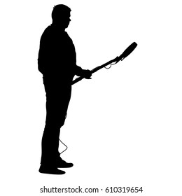 Sound technician with microphone in hand. Silhouettes on white background