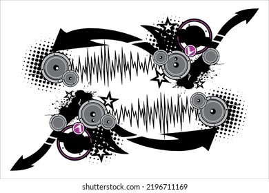 sound themed background vector design with grayscale color. white background with line pattern and sound effects