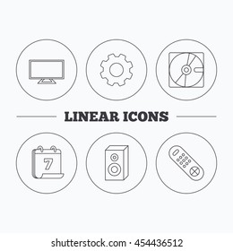Sound, TV remote and hard disk icons. Widescreen TV linear sign. Flat cogwheel and calendar symbols. Linear icons in circle buttons. Vector
