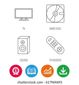 Sound, TV remote and hard disk icons. Widescreen TV linear sign. Award medal, growth chart and opened book web icons. Download arrow. Vector