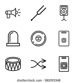 sound vector icons. Set of 9 sound outline icons such as CD, tonometer, drum, shuffle, door ringer, loudspeaker, siren, door bell