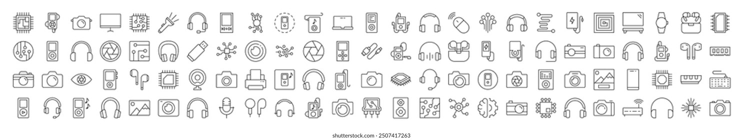 Video Sound y Line Icon Pack. Colección moderna para el diseño, Sitios web, App, tarjetas. Contiene Imágenes lineales de chip, auriculares, cámara, tarjeta de memoria