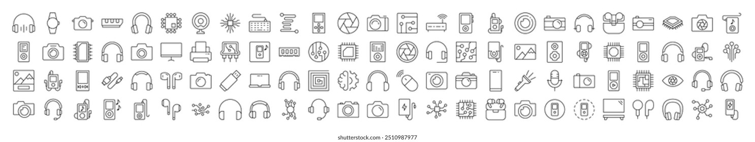 Sound and Video Line Icon Set. Modern Collection for Design, Web Sites, Apps, Cards. Contains Linear Images of Chip, Headphones, Camera, Memory Card