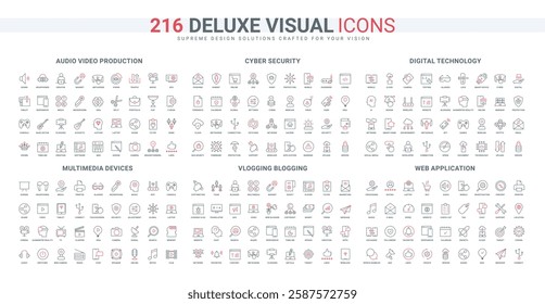 Sound and video production, vlog and blog creators tool, stream subscription, cyber security line icon set. electronic multimedia devices, thin black and red outline symbols vector illustration