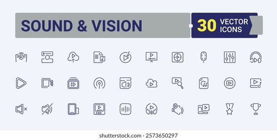 Sound and Vision linear icon collection. Containing television, media, video, line, earphones, speaker and more. Outline symbol collection. Vector illustration.