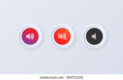 Sound volume button icon set. Button, sign, badge in 3d style. Sound volume up, down or mute control buttons set. Vector illustration. EPS10