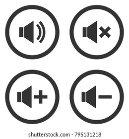 Sound volume control buttons set. Mute, unmute, quieter, louder icons in circle. Vector.