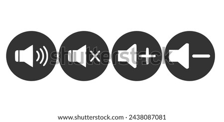 Sound volume control buttons set. Mute, unmute, quieter, louder icons in circle. Vector. Mute and unmute volume sound icon vector isolated on white background.