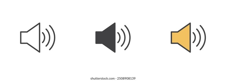 Conjunto de iconos de estilo diferente de volumen de sonido. Línea, glifo y contorno relleno versión colorida, contorno y signo de Vector relleno. Símbolo del altavoz, ilustración del logotipo. Gráficos de Vector