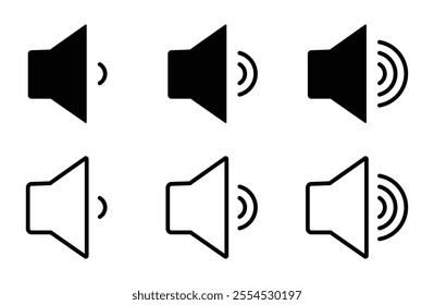 Sound volume icon set with increasing signal level vector illustration on white background. Speaker sign.