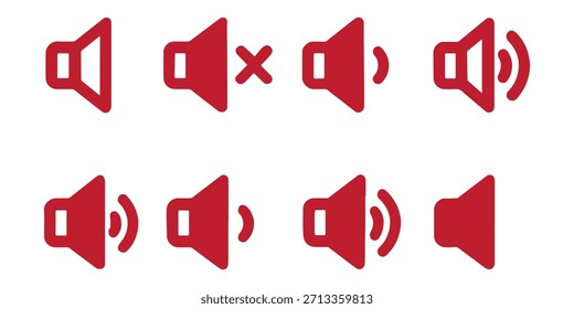 Ilustración vectorial del conjunto de iconos de volumen de sonido. Colección de símbolo de altavoz de audio para Diseño web. Kit de Botón de interfaz UI UX. Mudos, mudos, fuertes y silenciosos signos. Gráfico plano simple.